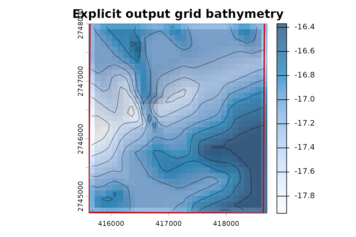 Hillshaded BlueTopo elevation raster on one explicit output grid with contours.