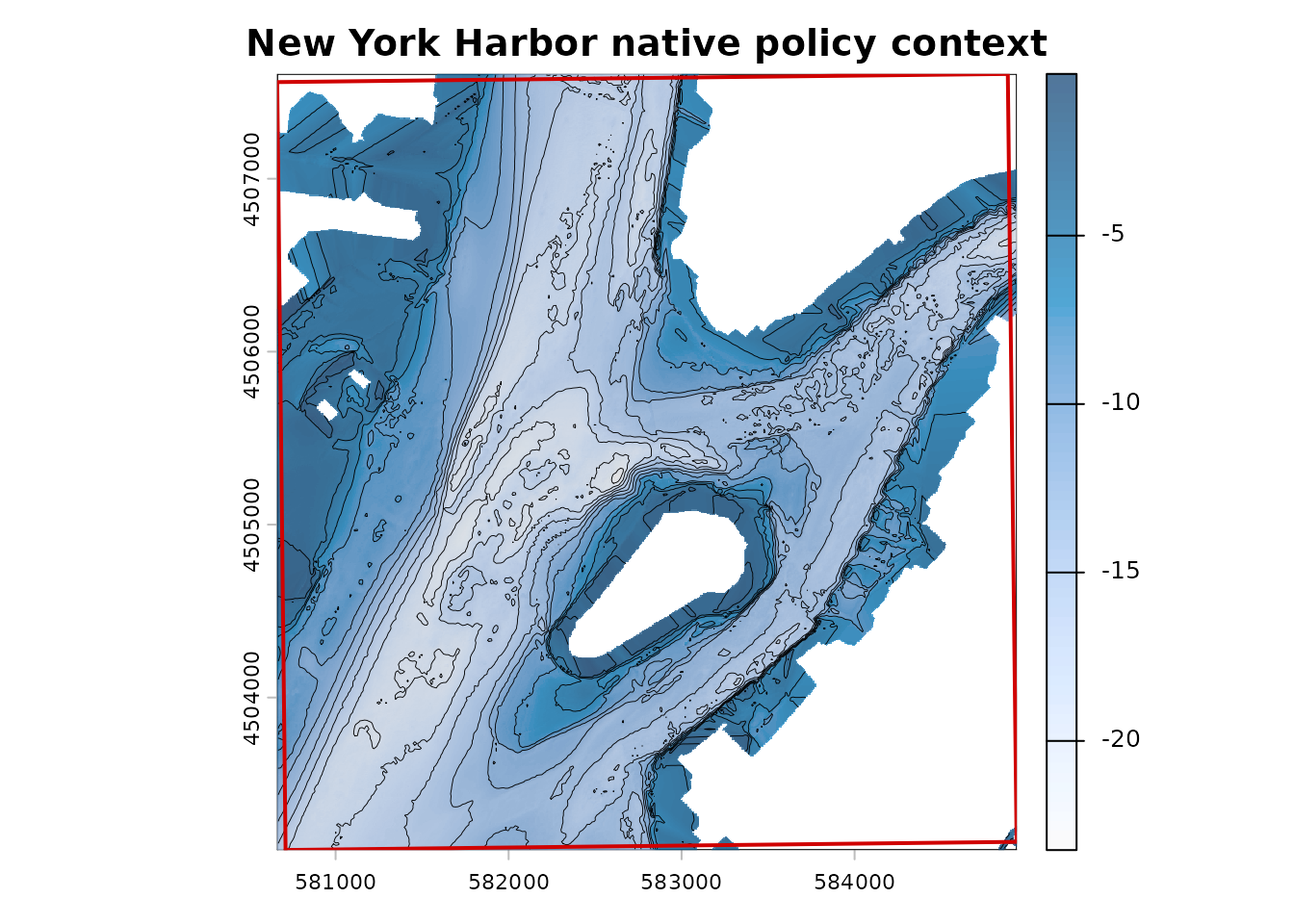 BlueTopo bathymetry for New York Harbor with hillshade, contours, and the example-area boundary.