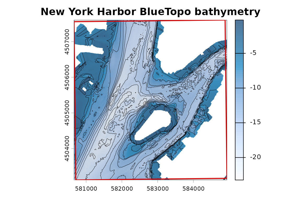 BlueTopo bathymetry for New York Harbor with hillshade, contours, and the example-area boundary.