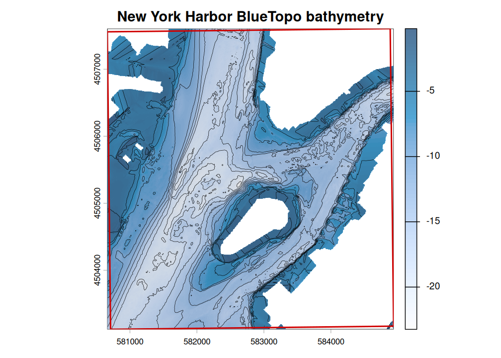 BlueTopo bathymetry for New York Harbor with hillshade, contours, and the example-area boundary.