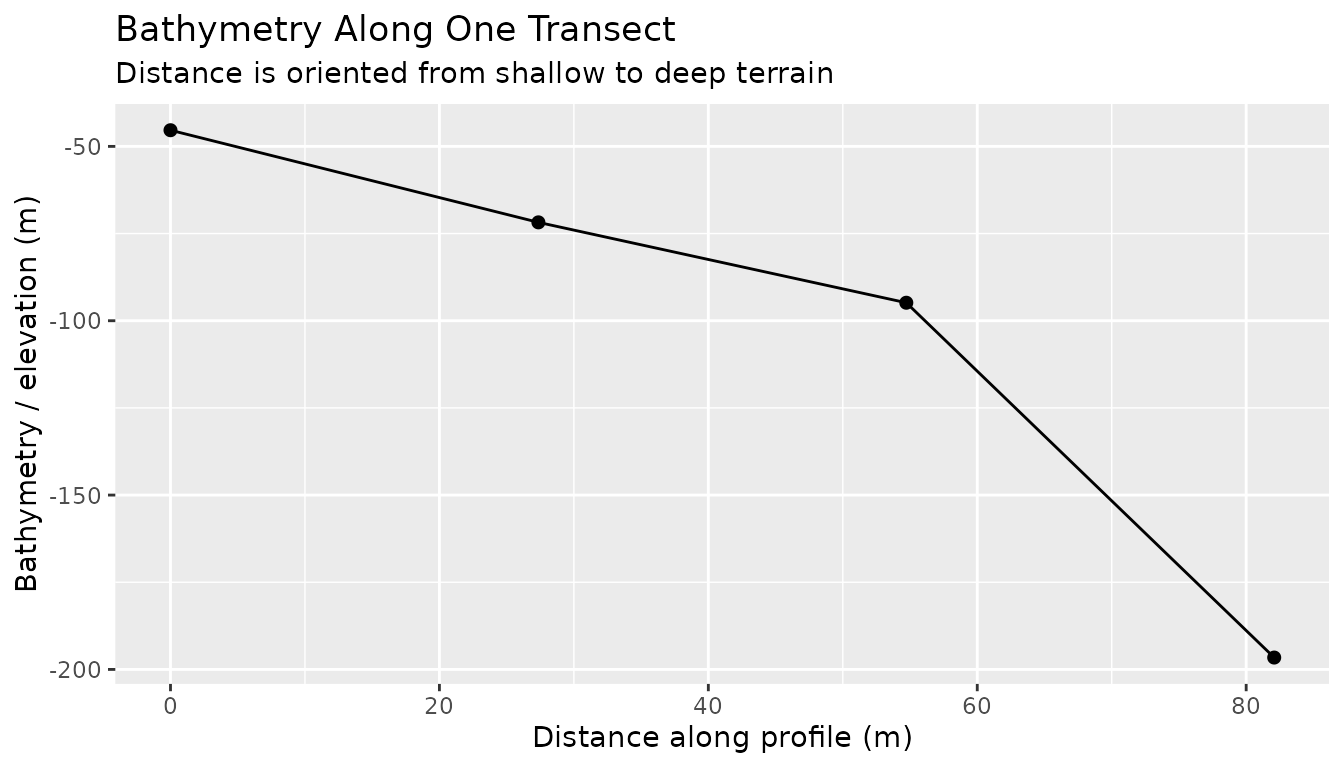Single bathymetric profile oriented from shallow terrain toward deeper terrain.