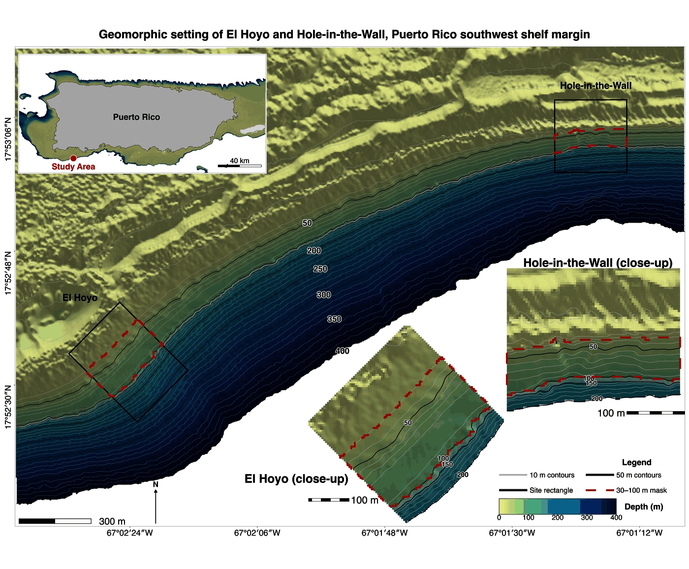 Study-area context for the example data along the southwest Puerto Rico shelf margin.