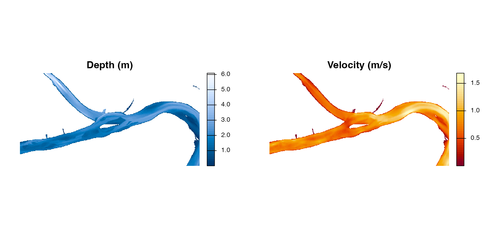 Depth and velocity surfaces derived from the 31 May 2022 HEC-RAS output at the Big Blue-Kansas Rivers confluence.