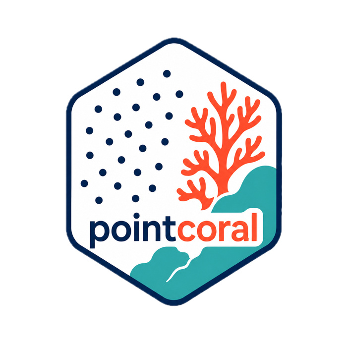pointcoral hexagon logo with CPCe sampling points, branching coral, and turquoise reef shapes