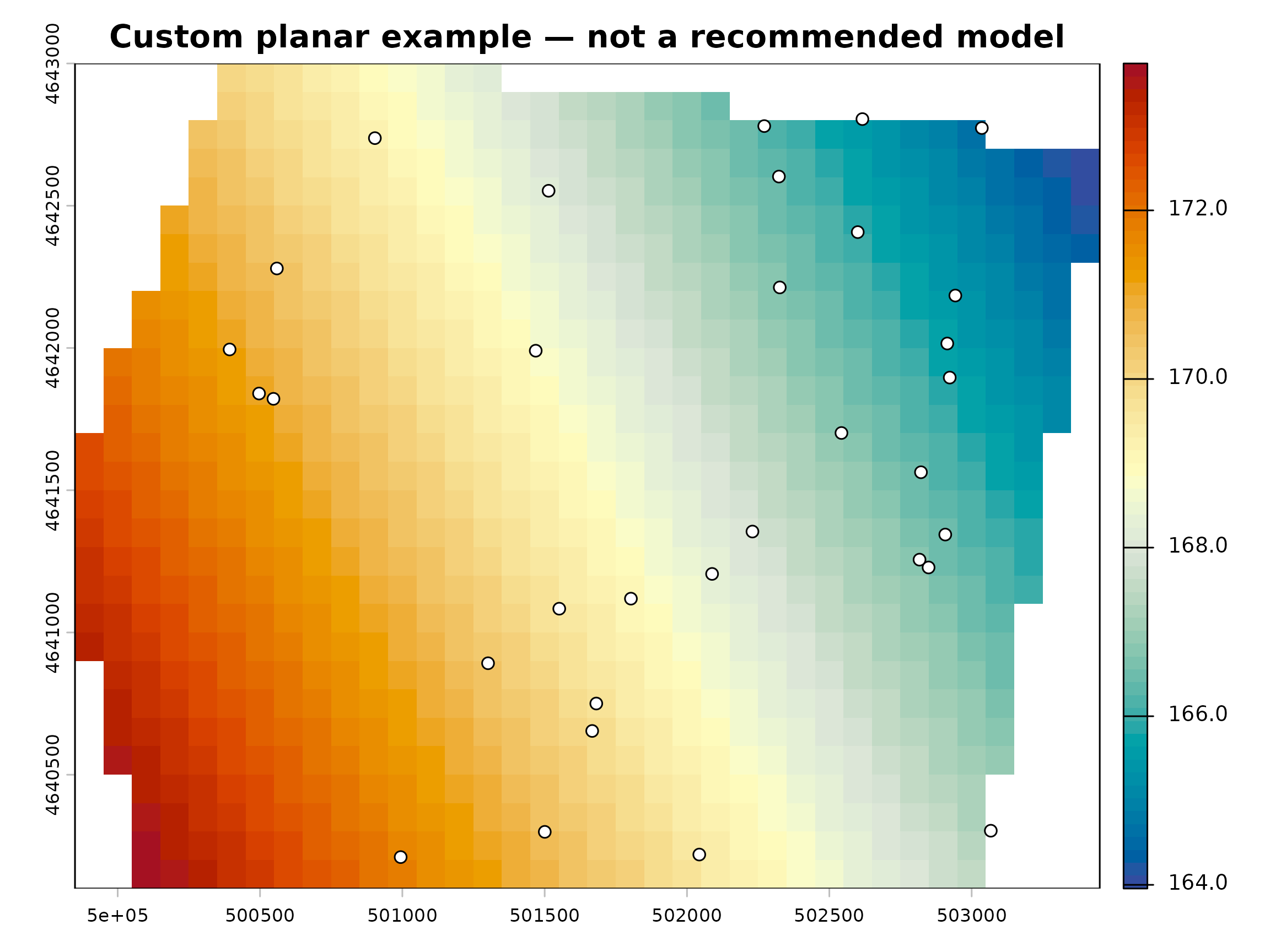 A simple planar custom interpolation of synthetic groundwater heads, shaded blue at lower modeled heads and red at higher modeled heads, with monitoring wells overlaid.