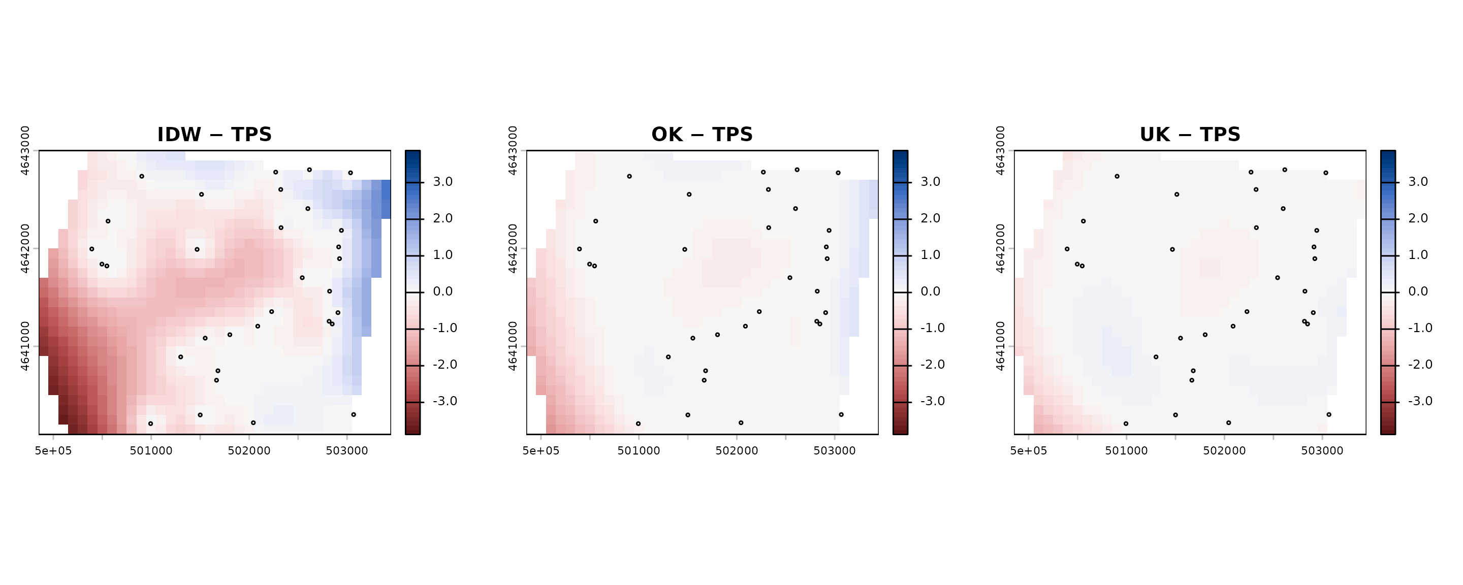 Three difference rasters showing IDW minus TPS, ordinary kriging minus TPS, and universal kriging minus TPS with a centered blue-white-red difference scale.