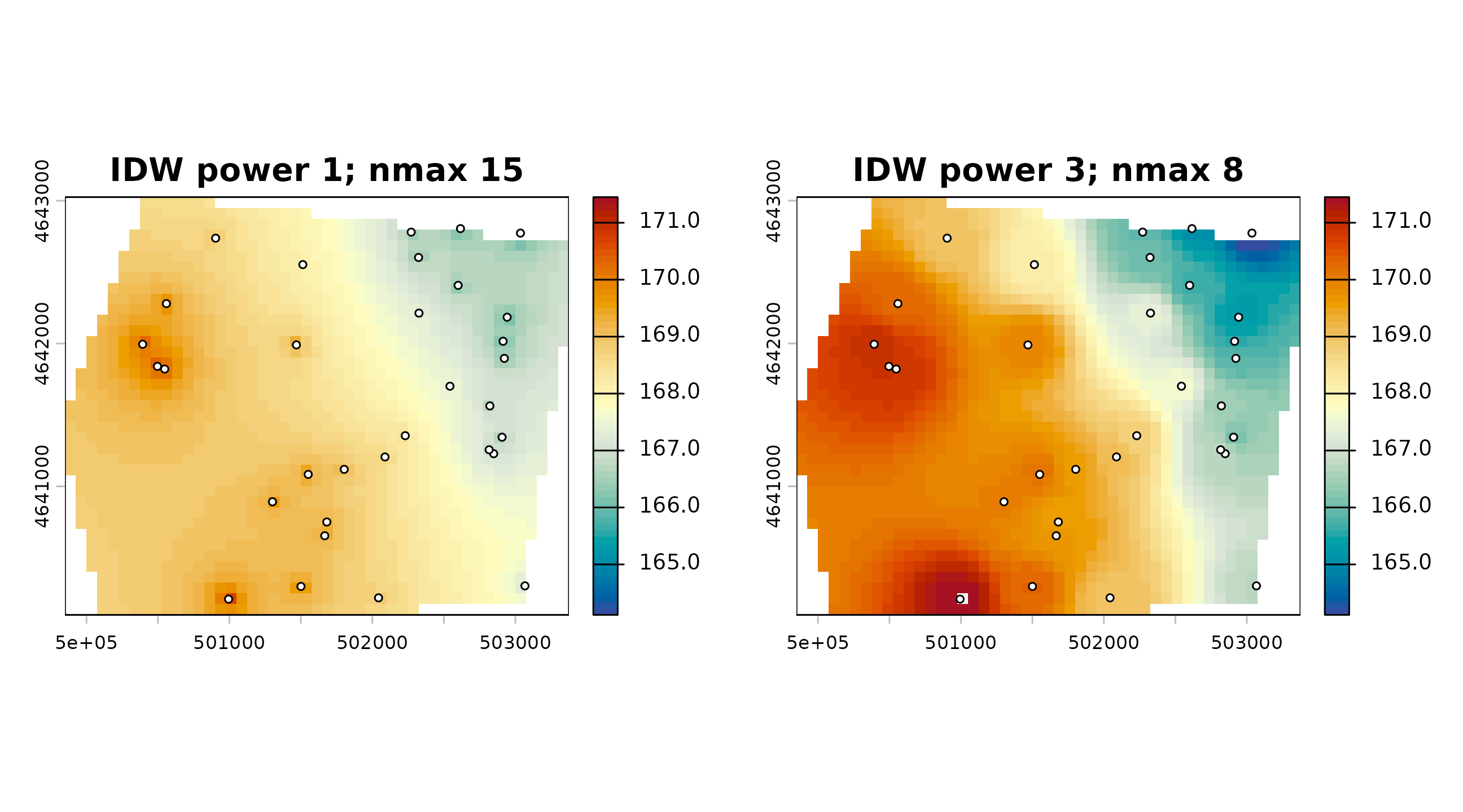 Two synthetic IDW surfaces on a common scale; power one with fifteen neighbors is more regionally blended, while power three with eight neighbors emphasizes nearby wells more strongly.