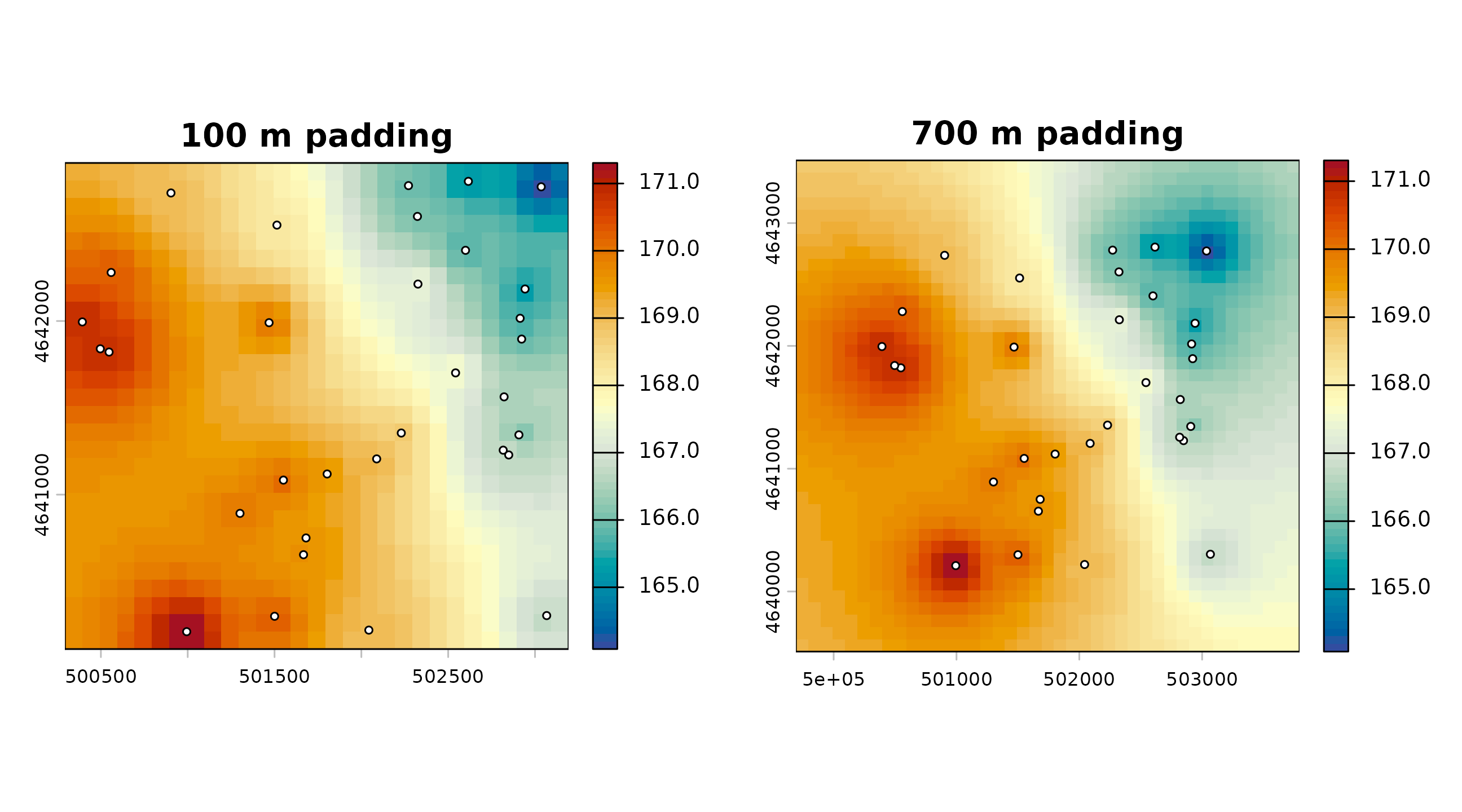 Side-by-side unmasked IDW rasters with 100-metre and 700-metre padding, showing how padding changes prediction extent beyond the monitoring network.