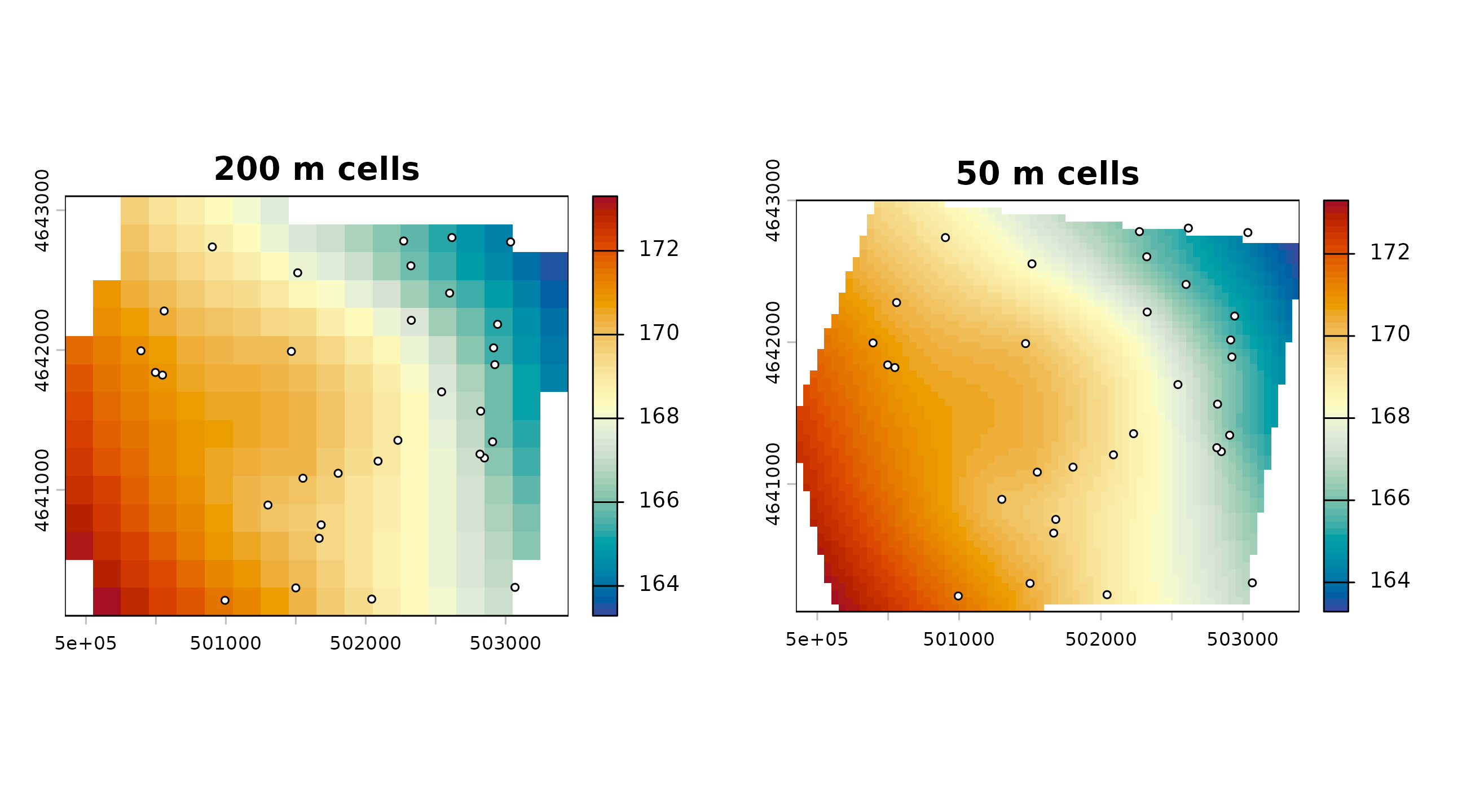 Side-by-side synthetic TPS surfaces at 200-metre and 50-metre cell sizes; both show the same broad head pattern while the finer raster contains more display detail.