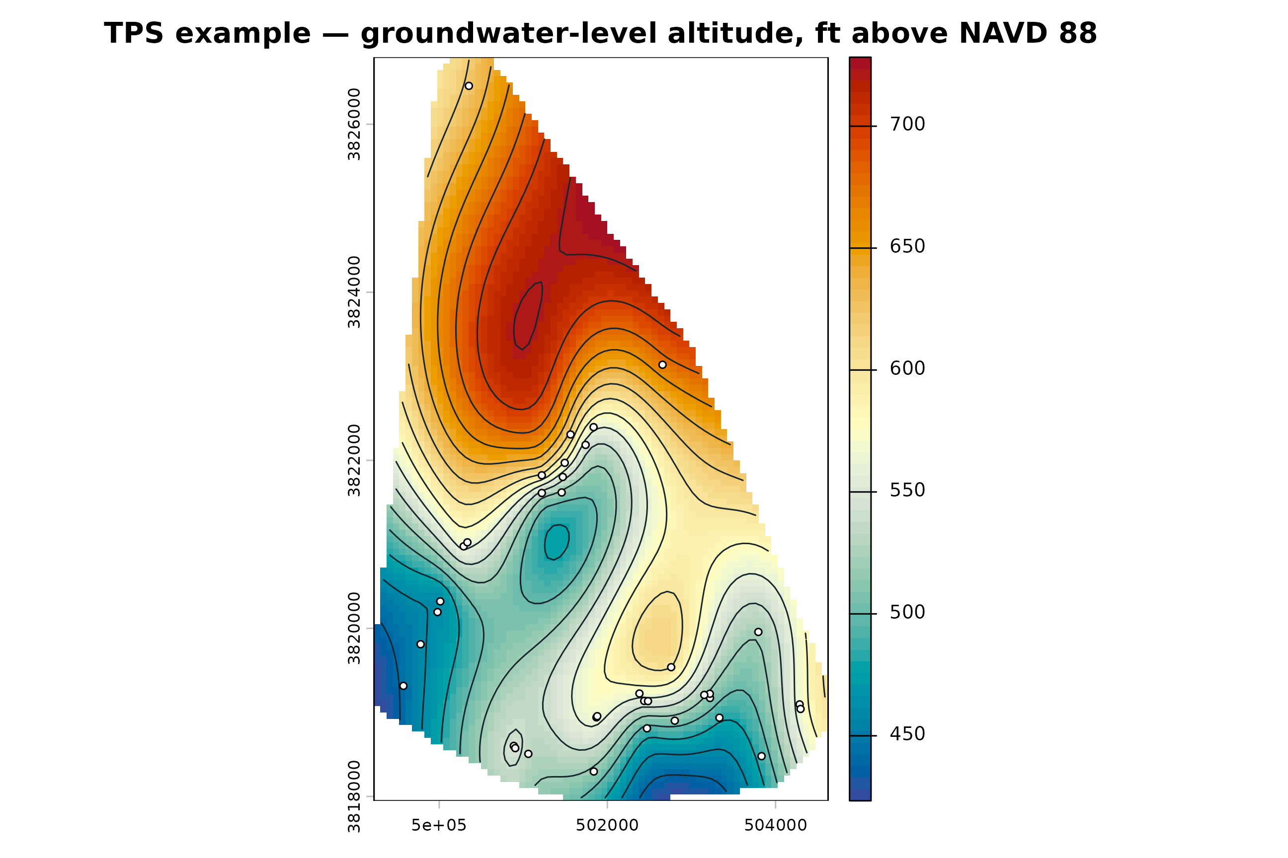 TPS surface for 36 USGS Stanley Shale wells, shaded blue at lower modeled groundwater-level altitude and red at higher altitude, with twenty-foot contours and well locations.