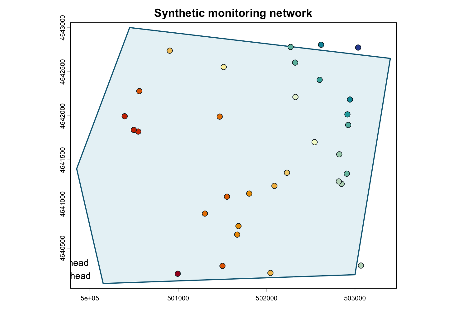 Synthetic monitoring wells distributed inside an irregular area of interest, with point fill progressing from blue lower heads to red higher heads.