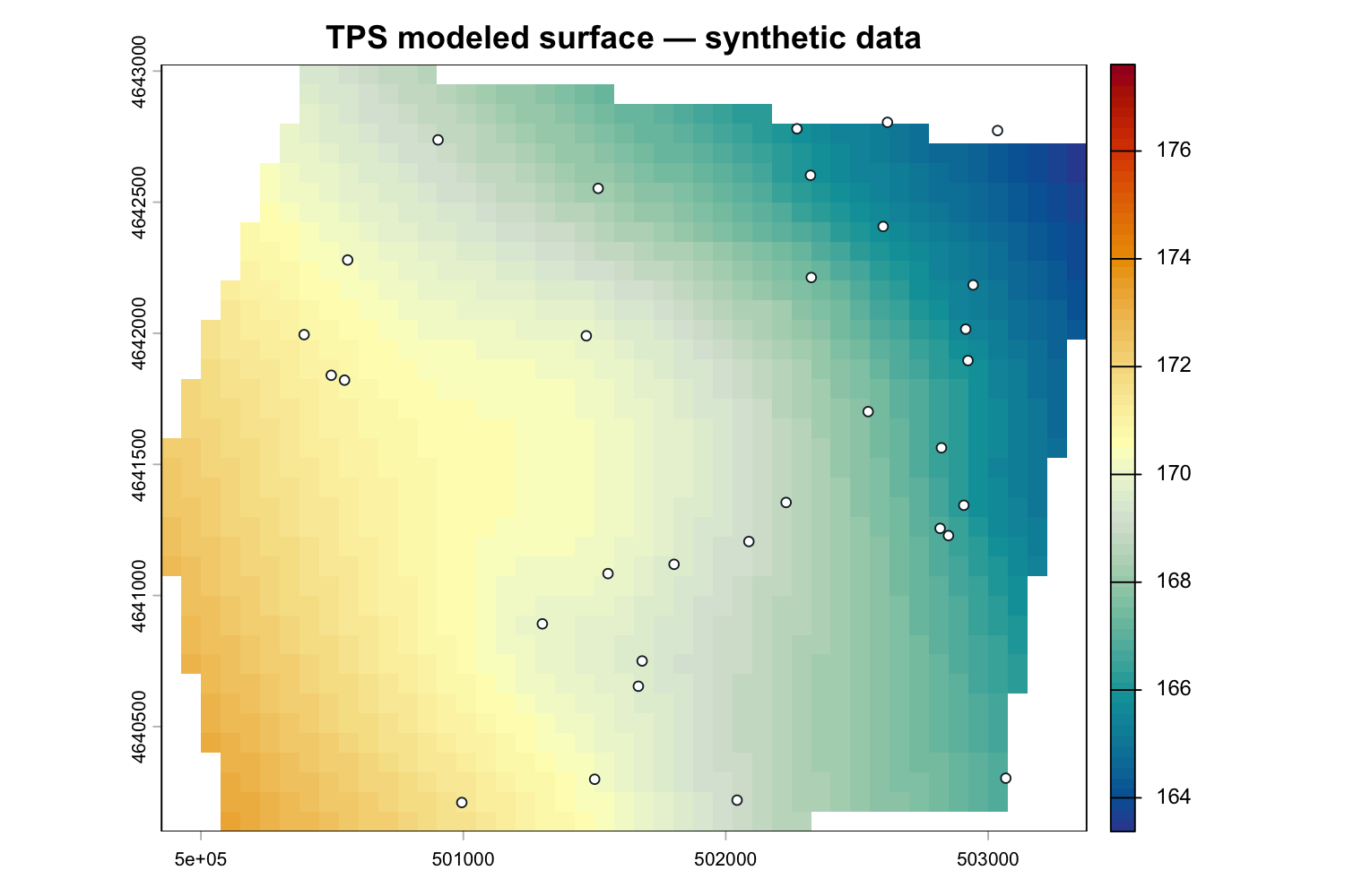 Thin-plate spline surface shaded blue at lower synthetic heads and red at higher heads, with monitoring wells.