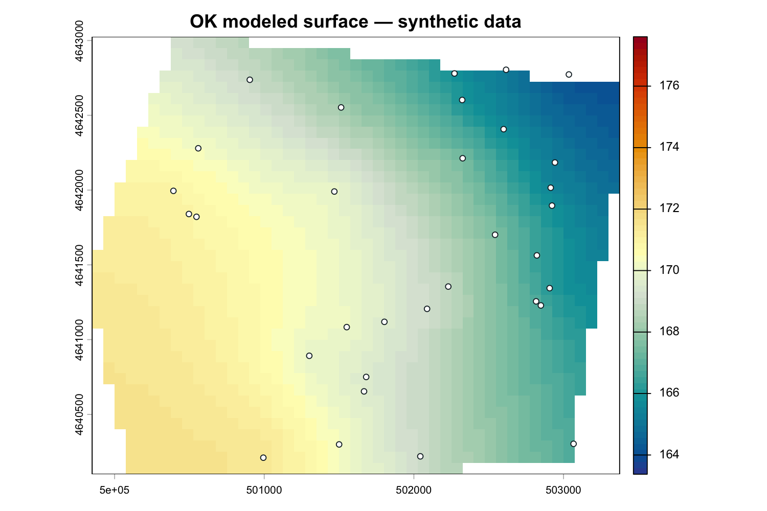 Ordinary-kriging surface shaded blue at lower synthetic heads and red at higher heads, with monitoring wells.