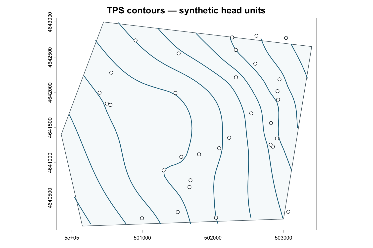 One-unit TPS contours drawn as blue lines over the area of interest with monitoring wells.