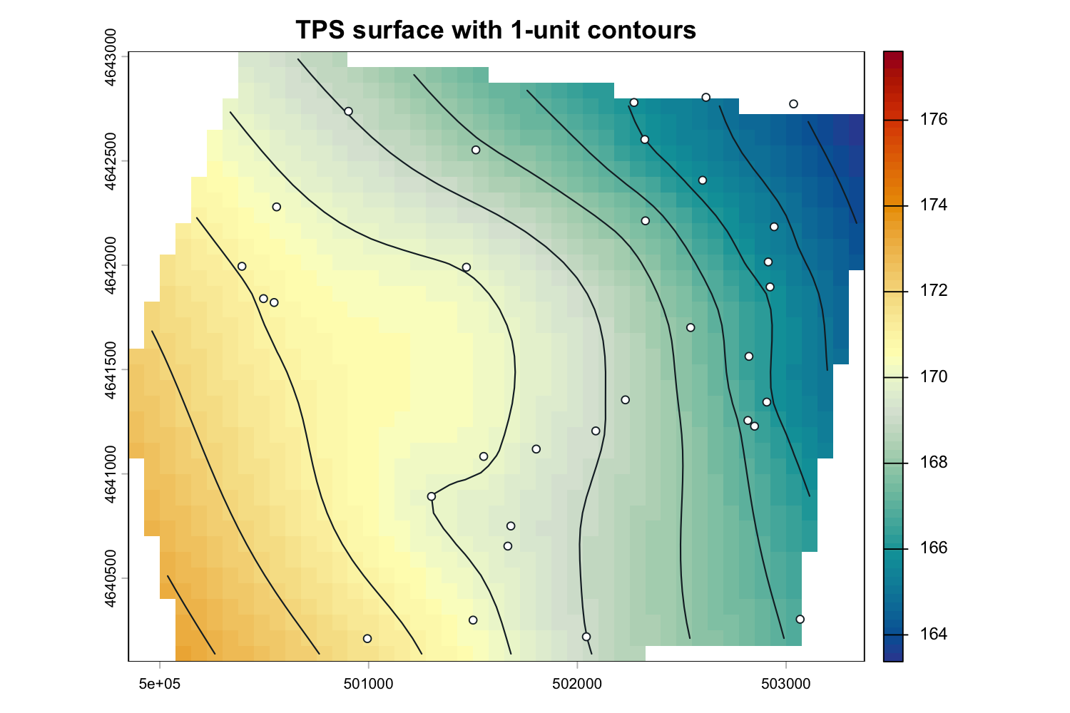 TPS modeled surface with dark one-unit contour lines and white monitoring wells.