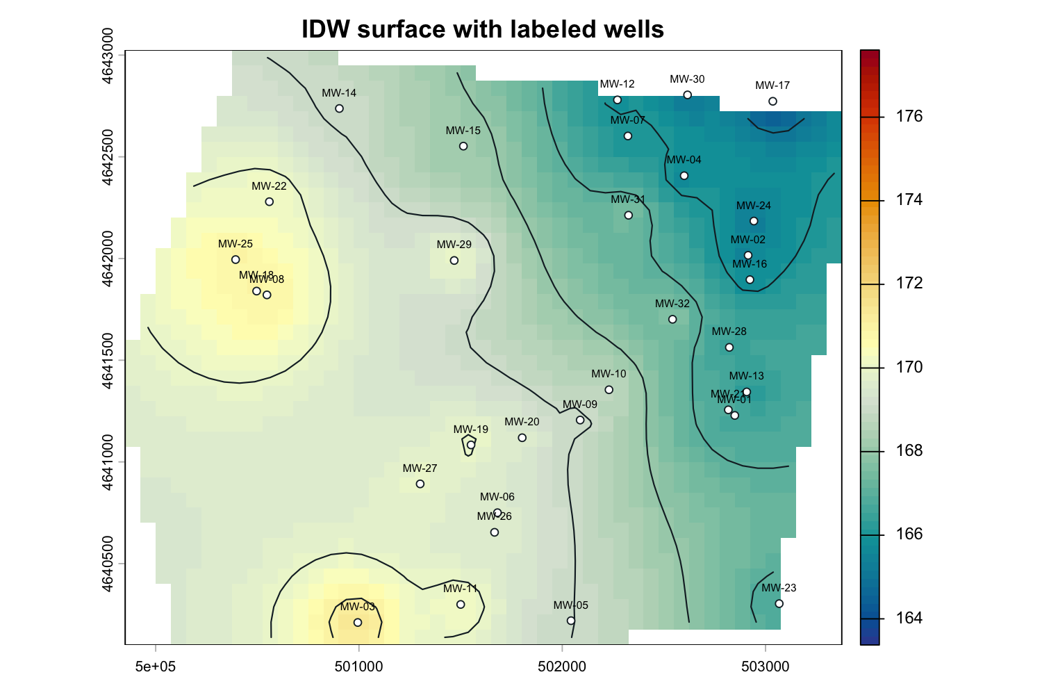 IDW modeled surface and contours with each synthetic monitoring well labeled by identifier.