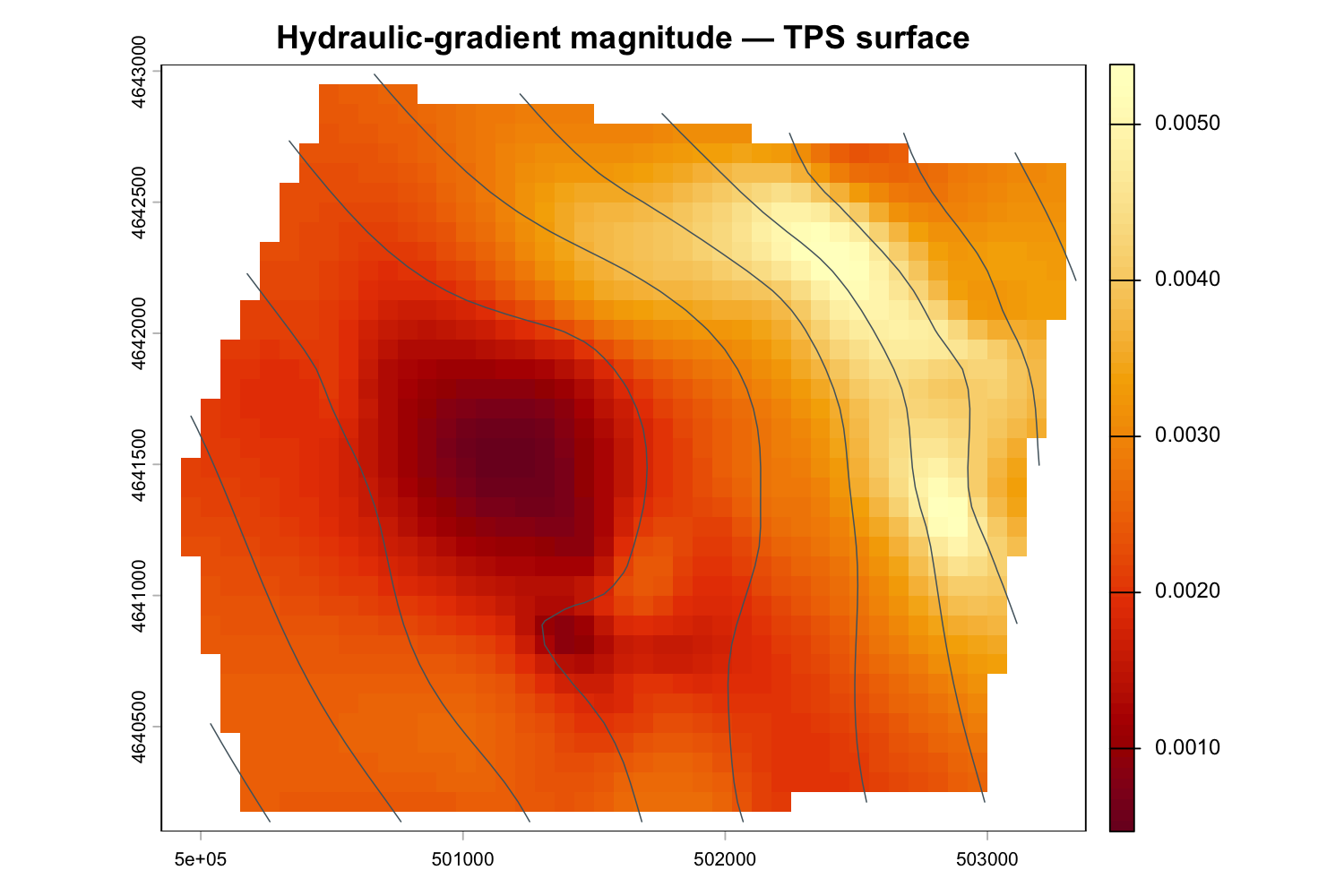 Hydraulic-gradient magnitude raster colored from light yellow lower magnitude to dark red higher magnitude, with modeled-head contours.