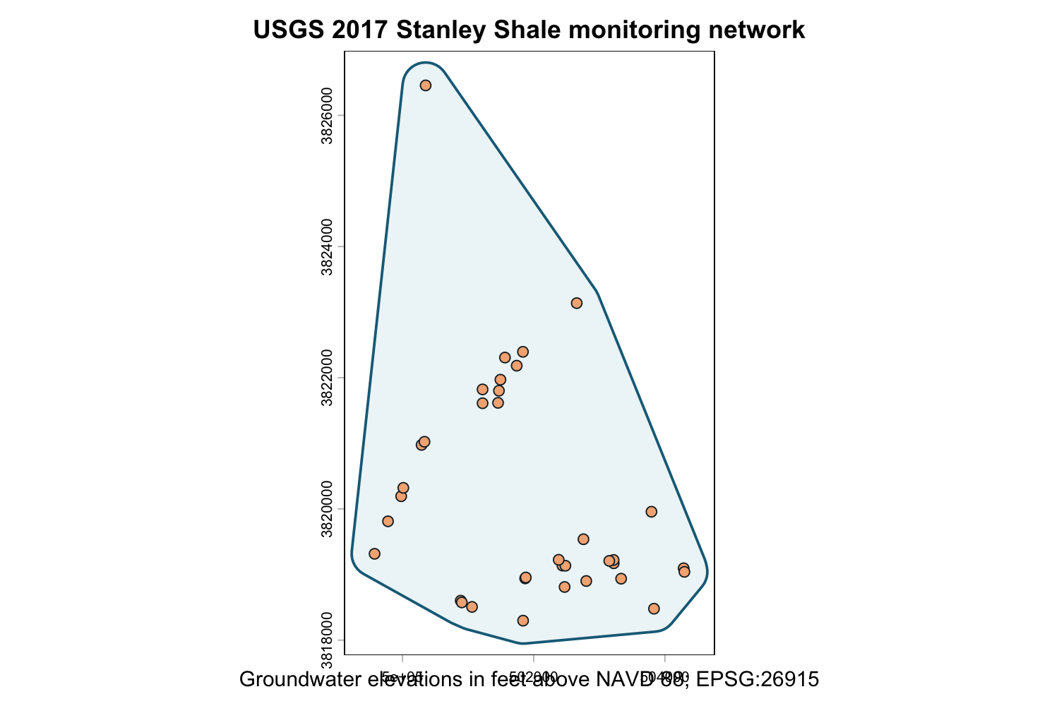 Thirty-six public USGS Stanley Shale wells shown inside a buffered analysis polygon near Hot Springs, Arkansas.