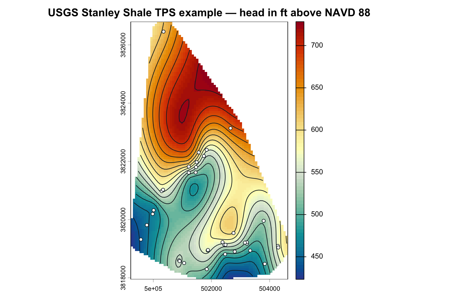 TPS surface from 36 USGS Stanley Shale wells, with twenty-foot contours and well points, shaded blue at lower and red at higher groundwater-level altitude.