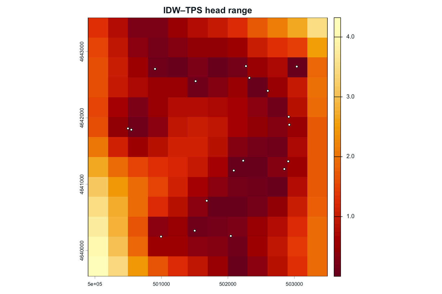 Raster of the absolute modeled-head range between IDW and TPS, colored pale yellow at lower disagreement and dark red at higher disagreement.