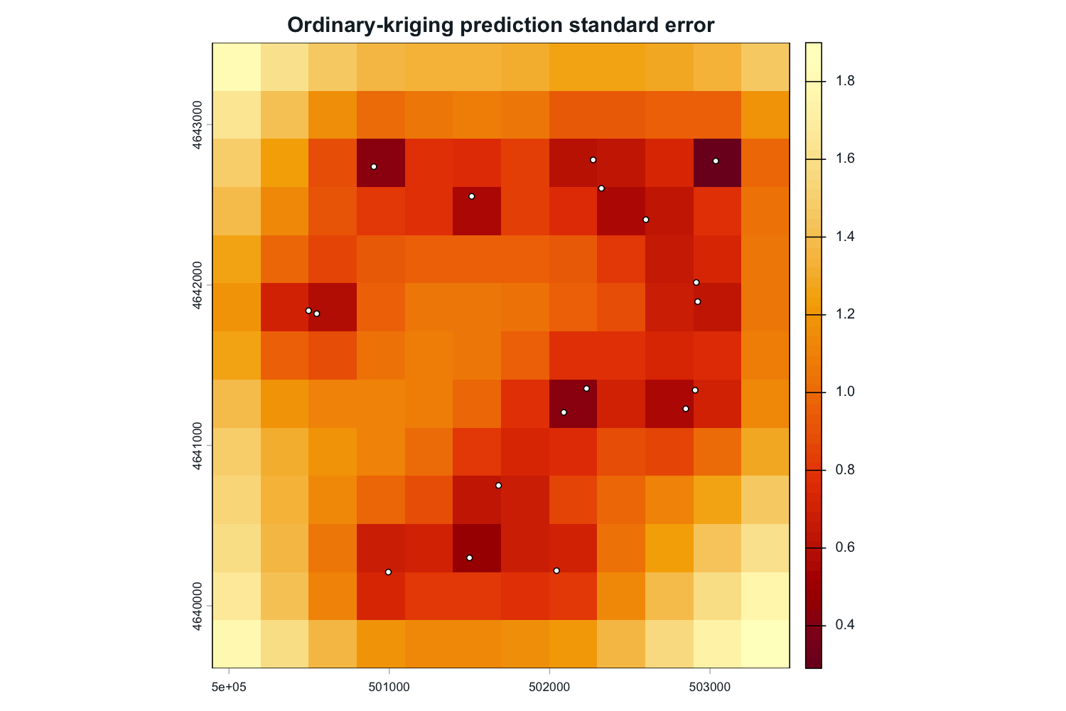Ordinary-kriging prediction standard error raster colored pale yellow at lower model-conditional error and dark red at higher error, with wells overlaid.